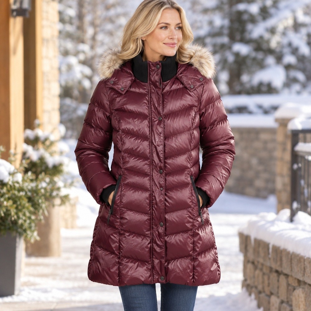 Bernardo Women's Burgundy Long Puffer Coat Hooded Quilted Size F